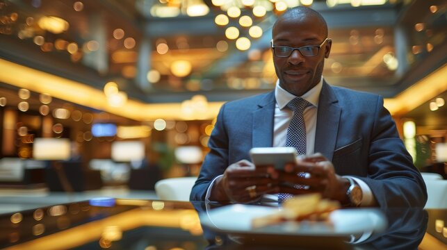 Businessman holding mobile phone on desk, engaged in professional communication and planning