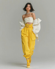 Asian Model Poses Powerfully in High-Waist Yellow Cargo Pants, White Tube Top, and Platforms