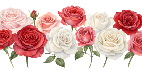 Rose watercolor floral border isolated on transparent or white background. Flower png.