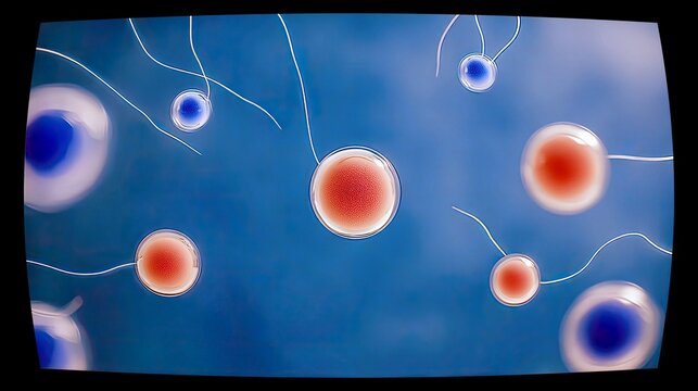 A close-up, abstract view of multiple spherical cells, some red and some blue, with thin white tails extending from them, set against a vibrant blue background.