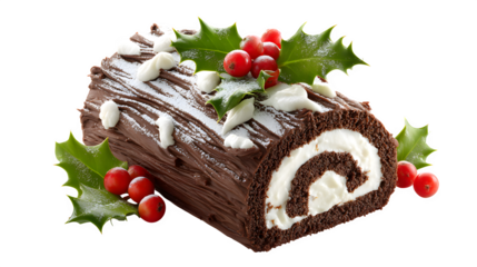 Chocolate Yule log cake with icing and holly decoration isolated on white background