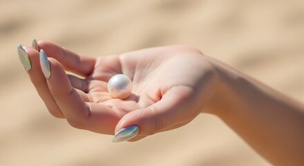 Hand holding a pearl on a sandy beach background.