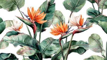 Watercolor painting depicts vibrant tropical flora with distinctive orange blossoms nestled among large green foliage against a white backdrop