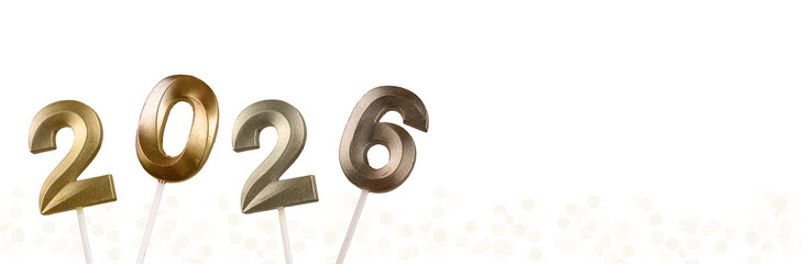 2026 New Year banner. Shiny golden numbers glowing on black background with glittering garlands and