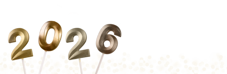 2026 New Year banner. Shiny golden numbers glowing on black background with glittering garlands and