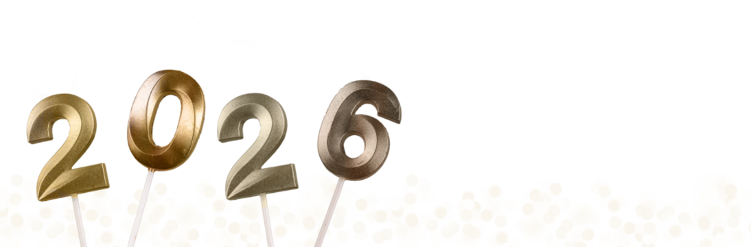 2026 New Year banner. Shiny golden numbers glowing on black background with glittering garlands and