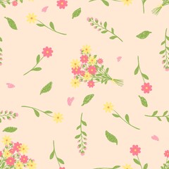 Cheerful Pink and Yellow Bouquet Toss Seamless Pattern