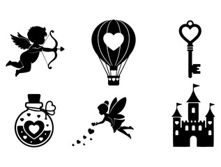 Valentine's Day Icons Cupid, Hot Air Balloon, Key, Potion, Fairy, and Castle Silhouettes