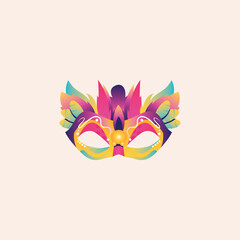 Vibrant carnival masquerade mask with colorful feathers, an elegant vector graphic design element for festive events and parties