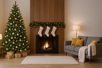 Fototapeta premium Cozy Christmas Living Room with Decorated Tree, Fireplace, and Warm Lighting for Festive Holiday Season