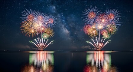 Stunning fireworks display reflected over calm water at night