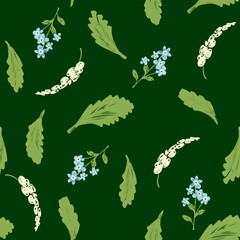 High Contrast Rustic Forget-Me-Not and Leaf Toss Seamless Pattern