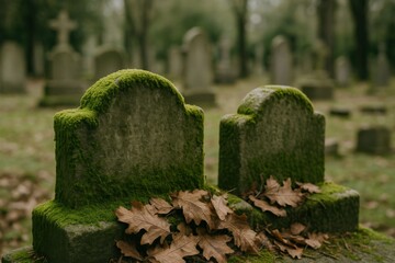 Moss Covered Tombstones in Historic Cemetery on Overcast Day, Memorializing Loved Ones and Passing of Time