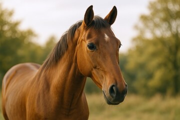 Obraz premium Beautiful Chestnut Horse Portrait in Meadow: Graceful Equine with Natural Light and Countryside Background