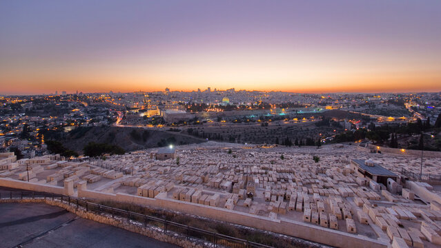 Jerusalem panorama view over the City day to night timelapse from the Mount of Olives. - Powered by Adobe