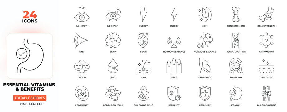 Essential Vitamins & Benefits Line Icon Set &ndash; Health, Energy, Skin, Immunity, Editable Stroke.