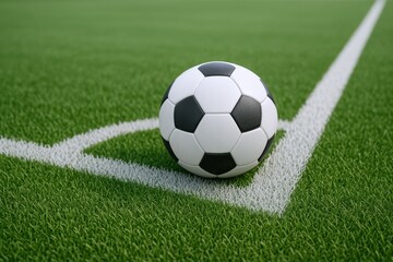 Fototapeta premium Soccer ball on corner line of a football field, professional sport competition background image