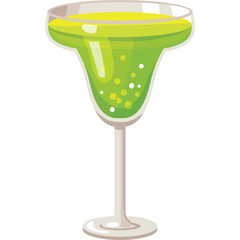 A pixel art margarita cocktail in a coupe glass with a light green liquid and bubbles on a transparent background