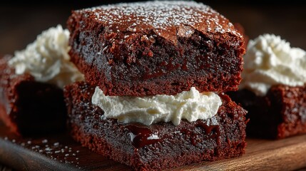 Stacked chocolate brownies with whipped cream and powdered sugar