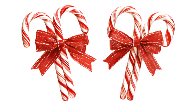 Christmas candy canes with bows in festive striped design isolated on white background