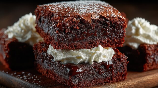 Stacked chocolate brownies with whipped cream and powdered sugar
