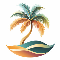 A stylized palm tree stands gracefully atop a wave-like landscape, showcasing vibrant colors that evoke a serene tropical vibe, perfect for themed designs.