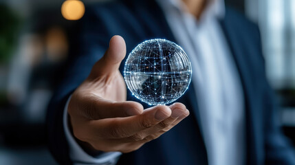 Business professional holds glowing digital globe, symbolizing global connectivity