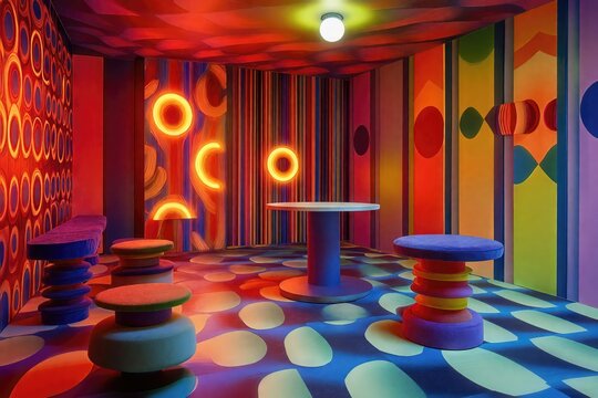 Colorful room featuring bold geometric designs and unique furniture