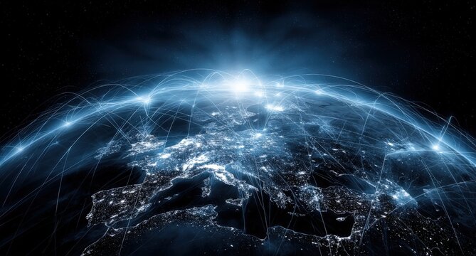 Global Network Connection: Abstract Image of Europe at Night with Blue Light Connections