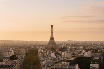 Fototapeta premium Iconic Eiffel Tower Silhouette Shimmers Over Paris Cityscape at Golden Hour, France Tourism Concept