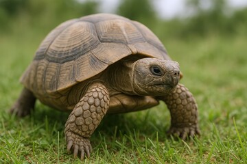 Obraz premium Tortoise Walking on Green Grass, Close-up View of Reptile in Natural Habitat
