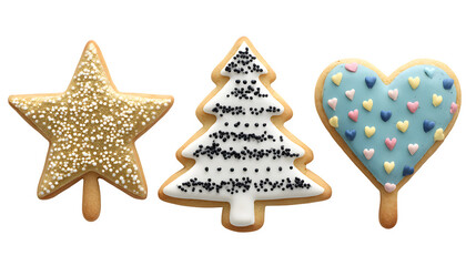 Collection of Christmas cookies shaped like stars, trees, and hearts decorated with icing isolated on white background