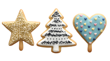 Collection of Christmas cookies shaped like stars, trees, and hearts decorated with icing isolated on white background