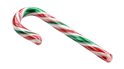 Candy cane with red, white, and green stripes in glossy finish isolated on white background