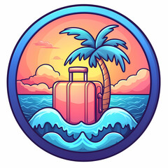 A colorful illustration featuring a suitcase on a tropical beach with waves and a palm tree at sunset, evoking a sense of travel and relaxation.