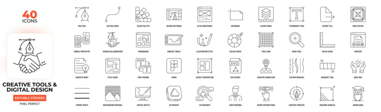 Creative Tools & Digital Design Line Icon Set &ndash; UI/UX, Illustration, Workflow, Typography, Editable Stroke.