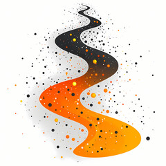 A vibrant, abstract design depicting a winding path in shades of orange, black, and yellow, scattered with playful dots, suggesting motion and creativity.