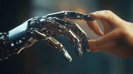 Close up of a human hand reaching towards a shiny metallic robotic hand in a dark setting