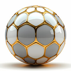 A stylized sphere featuring a hexagonal pattern with a glossy white surface and elegant golden outlines, perfect for modern design themes and digital art.