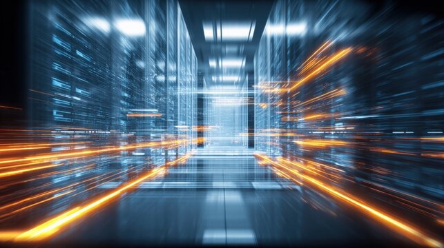 Futuristic Data Center Interior with Server Racks, Motion Blur, and High-Speed Data Transfer Visualization