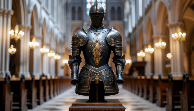 Ornate Black Steel Armor with Gold Inlay Displayed in Cathedral