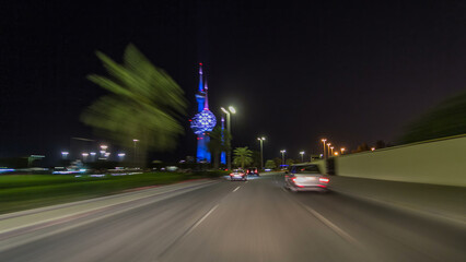 Fototapeta premium Drive through the traffic in the city highway timelapse hyperlapse in Kuwait. Kuwait, Middle East