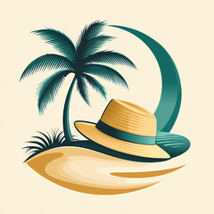 A stylish straw hat rests in a sunlit sandy shore, surrounded by a palm tree and curving waves. Perfect for a tropical escape and summer vibes.