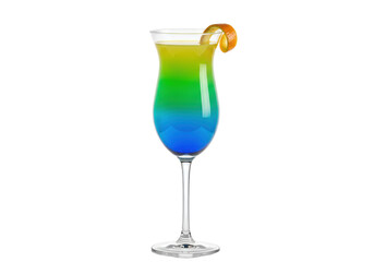 Isolated tropical cocktail in glass with gradient colors and orange peel garnish drink