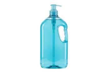 Isolated pump bottle with blue liquid inside, a container with a handle for dispensing soap