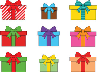 Colorful gift boxes with bows, holiday presents, festive packaging, Christmas and birthday surprises, decorative wrapped gifts, celebration concept illustration