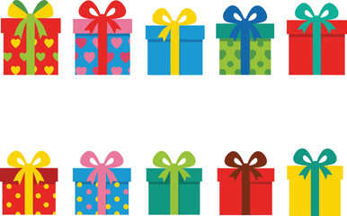 Colorful patterned gift boxes with ribbons and bows, festive presents for birthdays and holidays, decorative celebration packaging illustration design