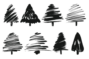 Christmas Trees Paint Brush Strokes Silhouettes Set. Hand drawn brush stroke Christmas trees. Doodle ink painted fir trees for New Year and Christmas cards, posters, cover, wrapping paper 