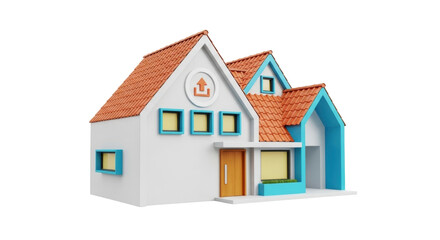Isolated Cartoon House with Orange Roof Tiles, Blue Trim, and Door, Home Shape Illustration