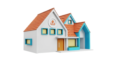 Isolated Cartoon House with Orange Roof Tiles, Blue Trim, and Door, Home Shape Illustration